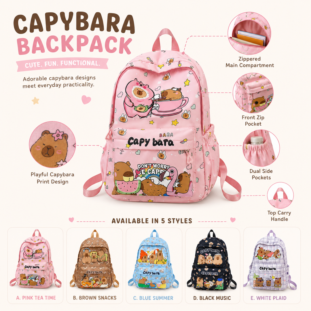 Kawaii Capybara School Backpack Large Capacity Nylon College Student Girls Cartoon