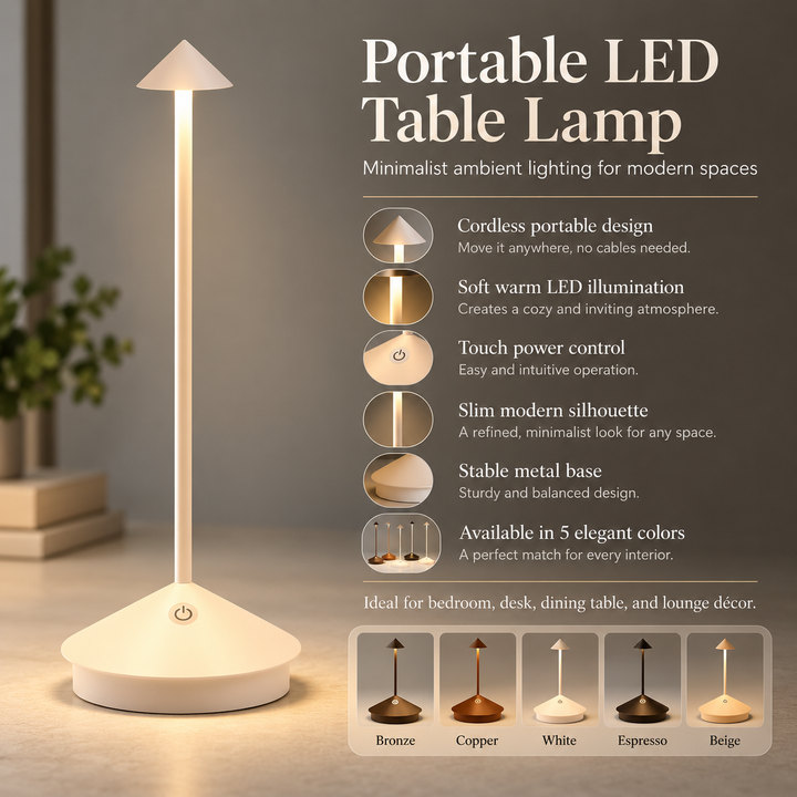 LED Table Lamp Waterproof Dimmable Cordless Minimalist Bedroom