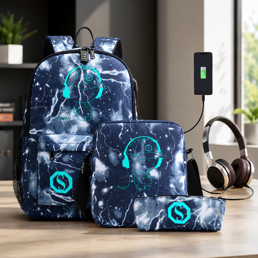 Glow in the Dark Music Boy 3-Piece School Backpack Set with Crossbody Bag and Pencil Case