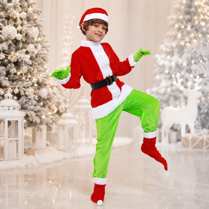 Kids Grinch Costume Green Gloves Red Santa Suit Christmas