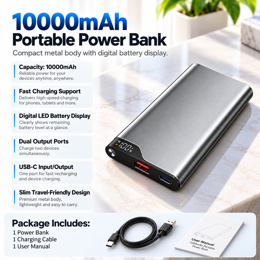 All in One Power Bank 10000mAh with 4 Built In Cables Fast Charger