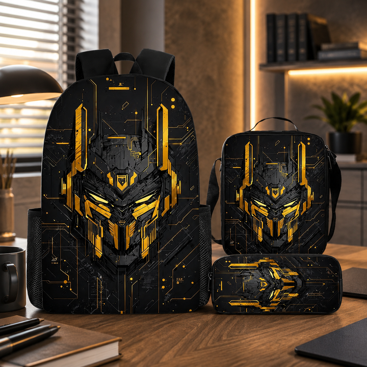 Mechanical Style 3D Print School Backpack 3Pcs Set Student Laptop Crossbody