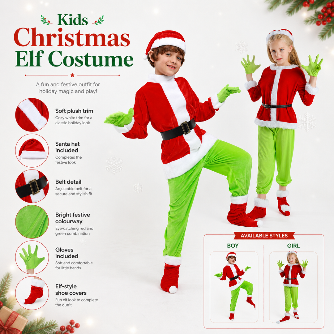 Kids Grinch Costume Green Gloves Red Santa Suit Christmas