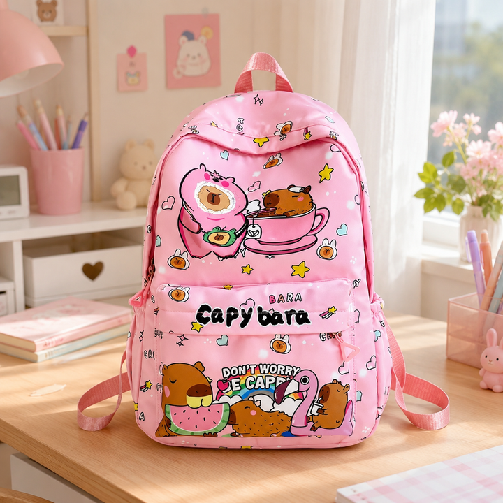 Kawaii Capybara School Backpack Large Capacity Nylon College Student Girls Cartoon