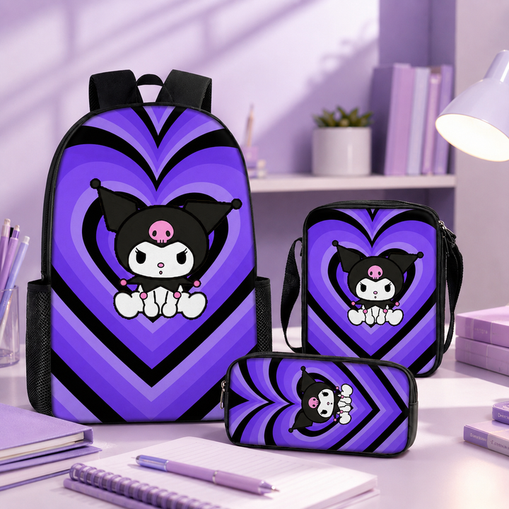 Kuromi Girls 3-Piece School Backpack Set with Shoulder Bag &amp; Pencil Case