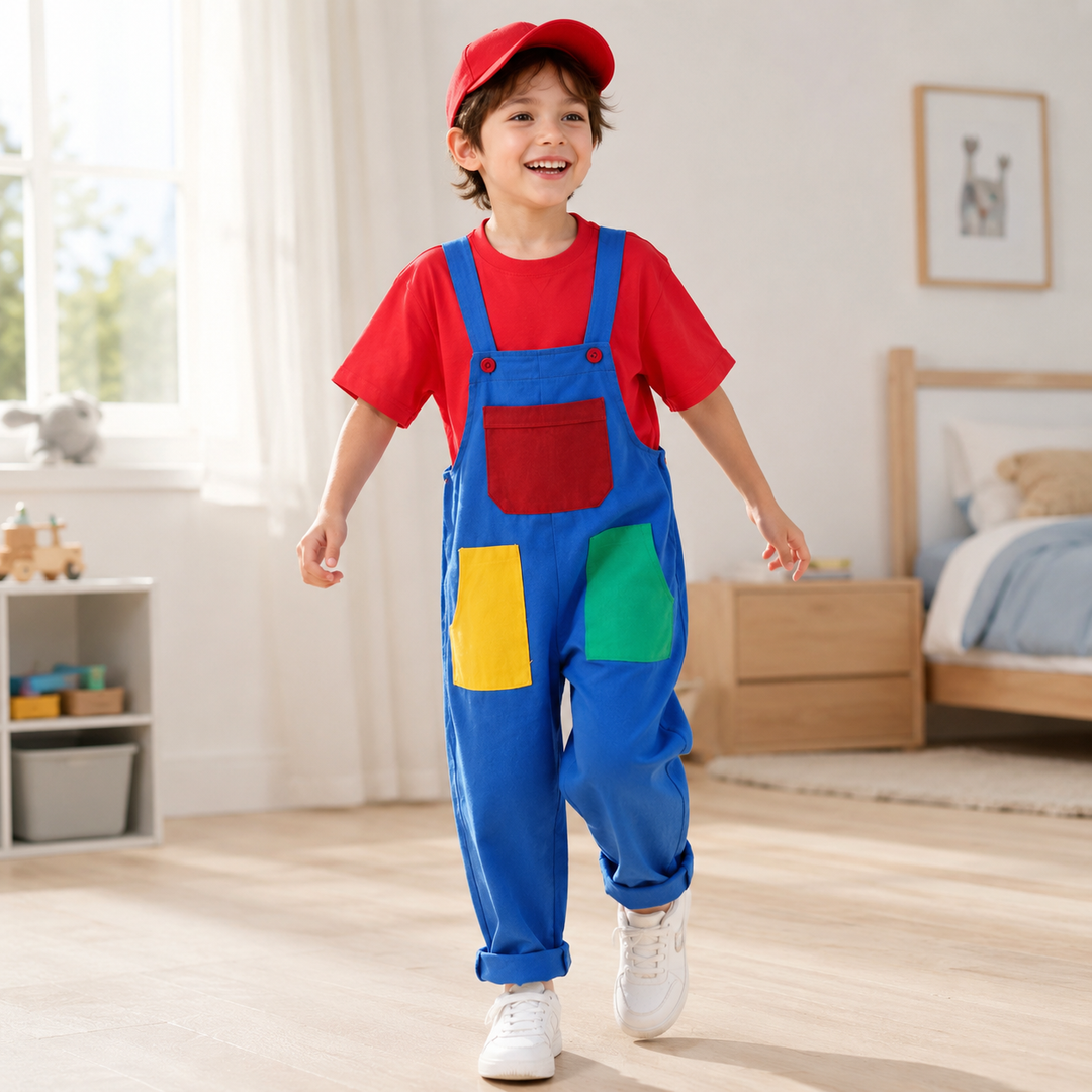 Kids Super Mario Overalls Costume Set with Cap Halloween