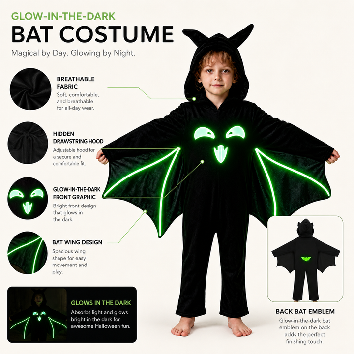 Kids Bat Costume Glow in the Dark Cape Cloak Halloween