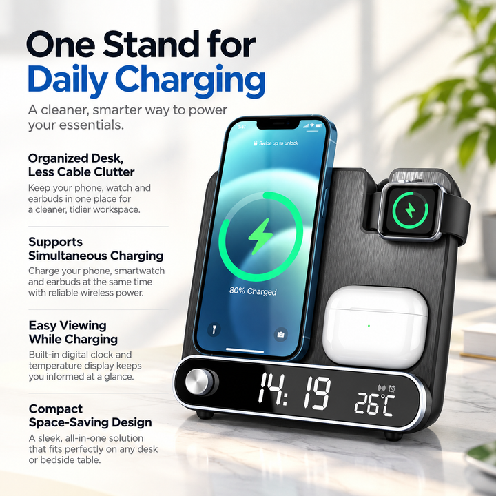 3 in 1 Wireless Charger Alarm Clock Fast Charging Station Phone