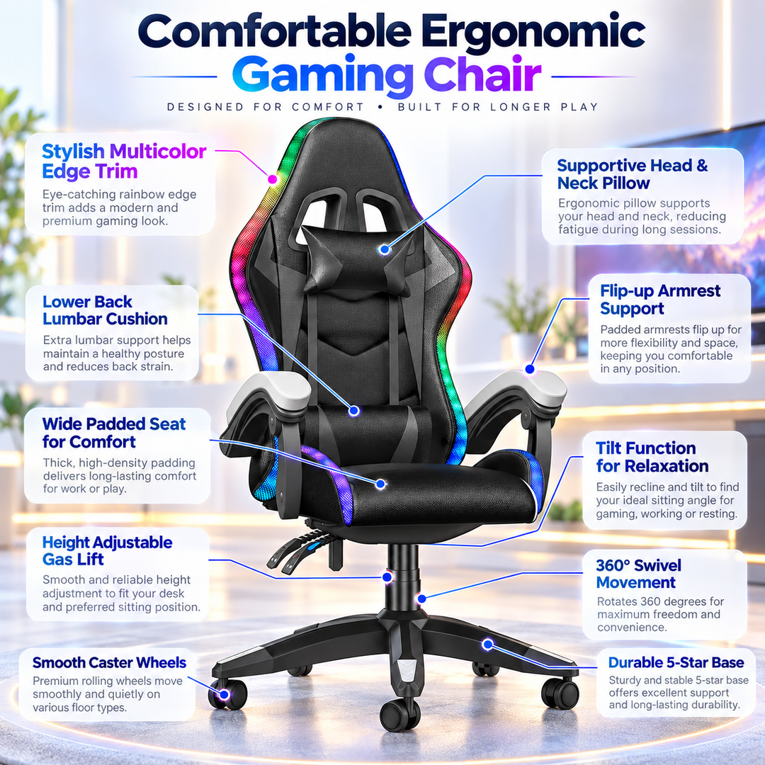 RGB Gaming Chair with LED Lights Reclining Ergonomic Computer Chair