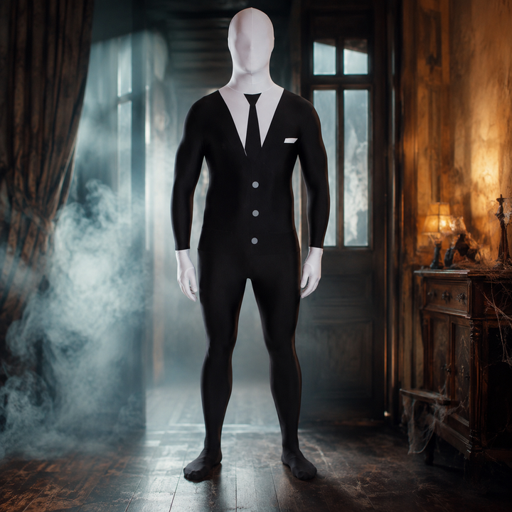 Mens Slenderman Faceless Bodysuit Costume Halloween Horror