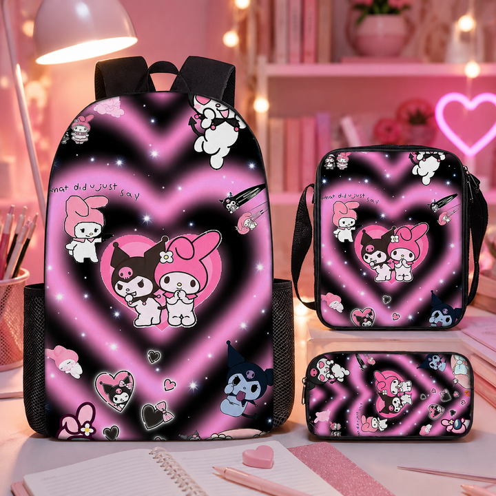 Kuromi Girls 3-Piece School Backpack Set with Shoulder Bag &amp; Pencil Case