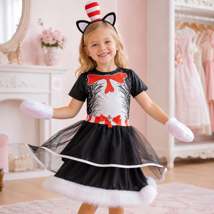 Kids Cat in the Hat Costume Jumpsuit Dress and Hat