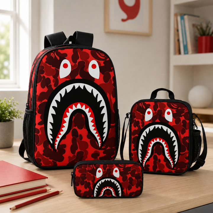 Boys Shark Camo 3-Piece School Backpack Set with Lunch Bag &amp; Pencil Case
