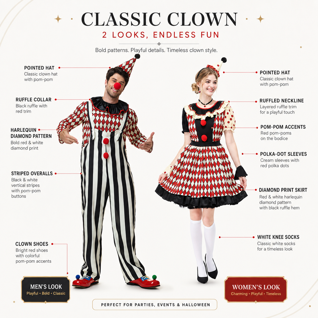 Mens Circus Clown Costume with Hat Halloween Cosplay