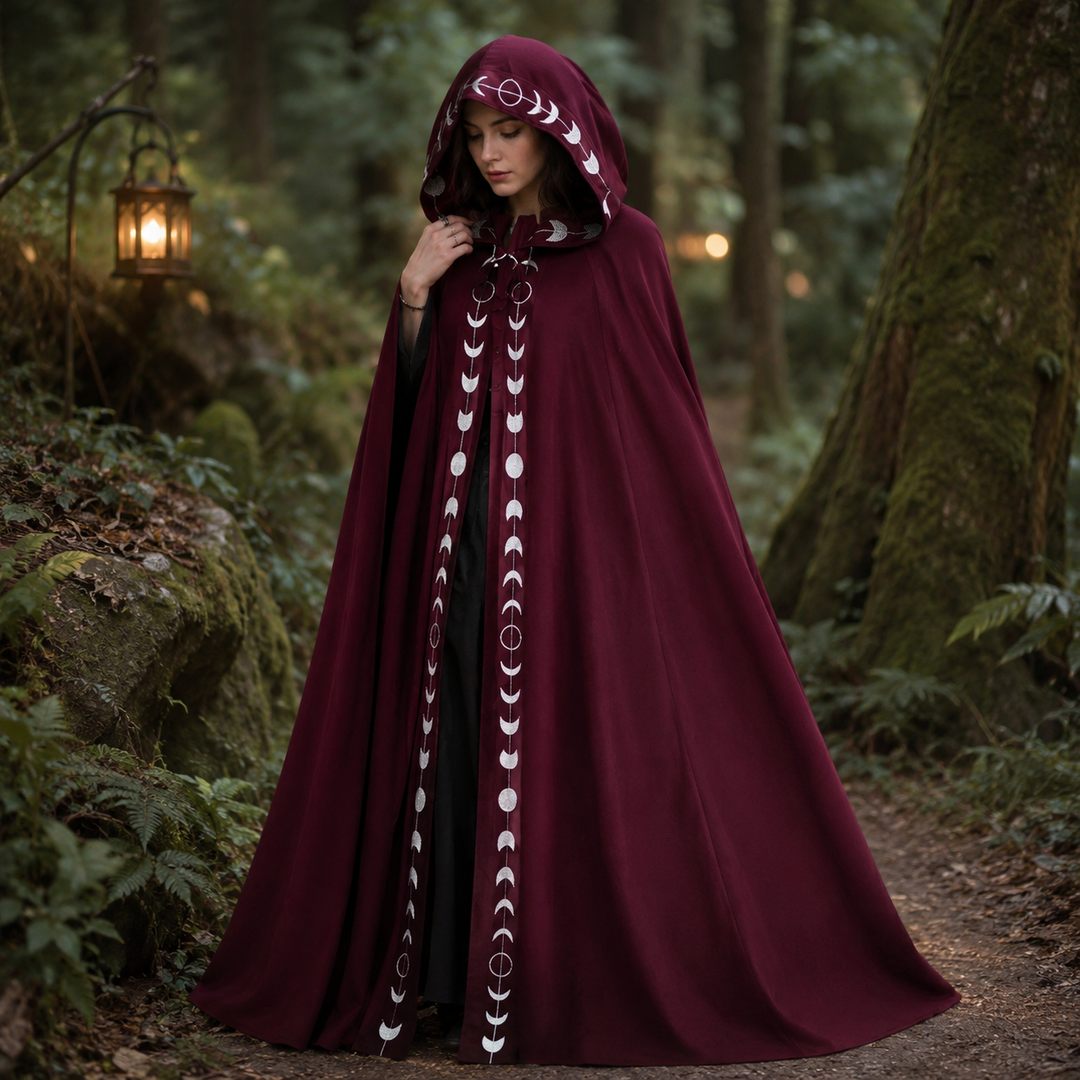 Womens Moon Phase Velvet Hooded Cloak Witch Costume