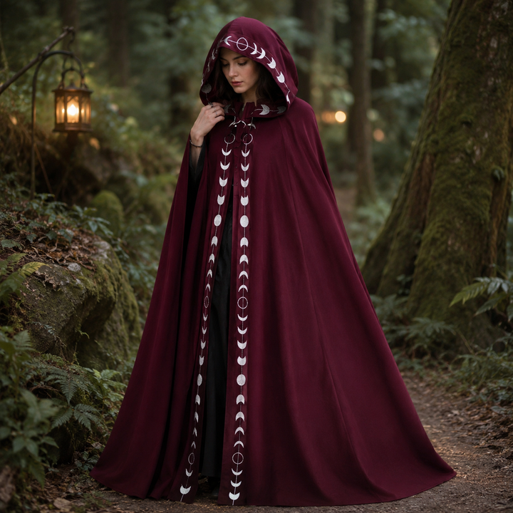 Womens Moon Phase Velvet Hooded Cloak Witch Costume