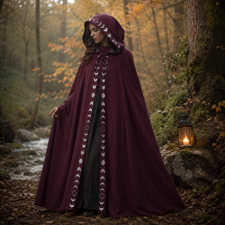 Womens Moon Phase Velvet Hooded Cloak Witch Costume