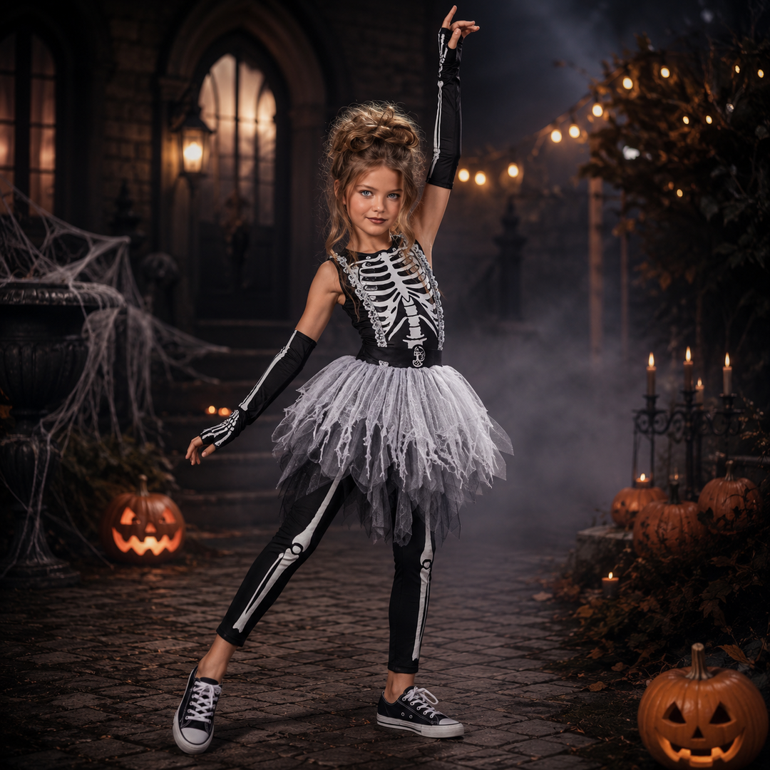 Girls Skull Reaper Bone Print Costume Dress Halloween