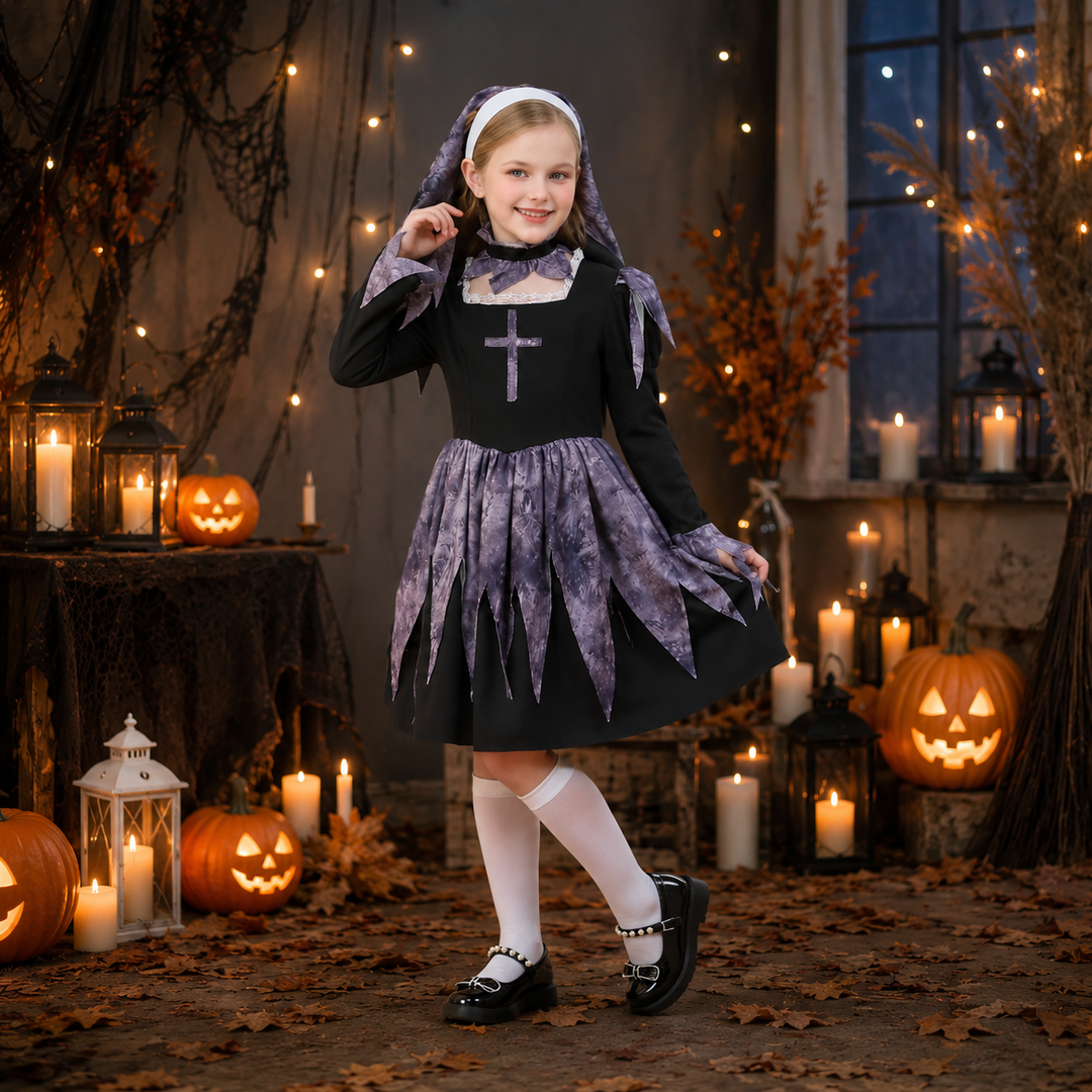 Kids Nun Costume Gothic Cross Dress Headscarf Halloween