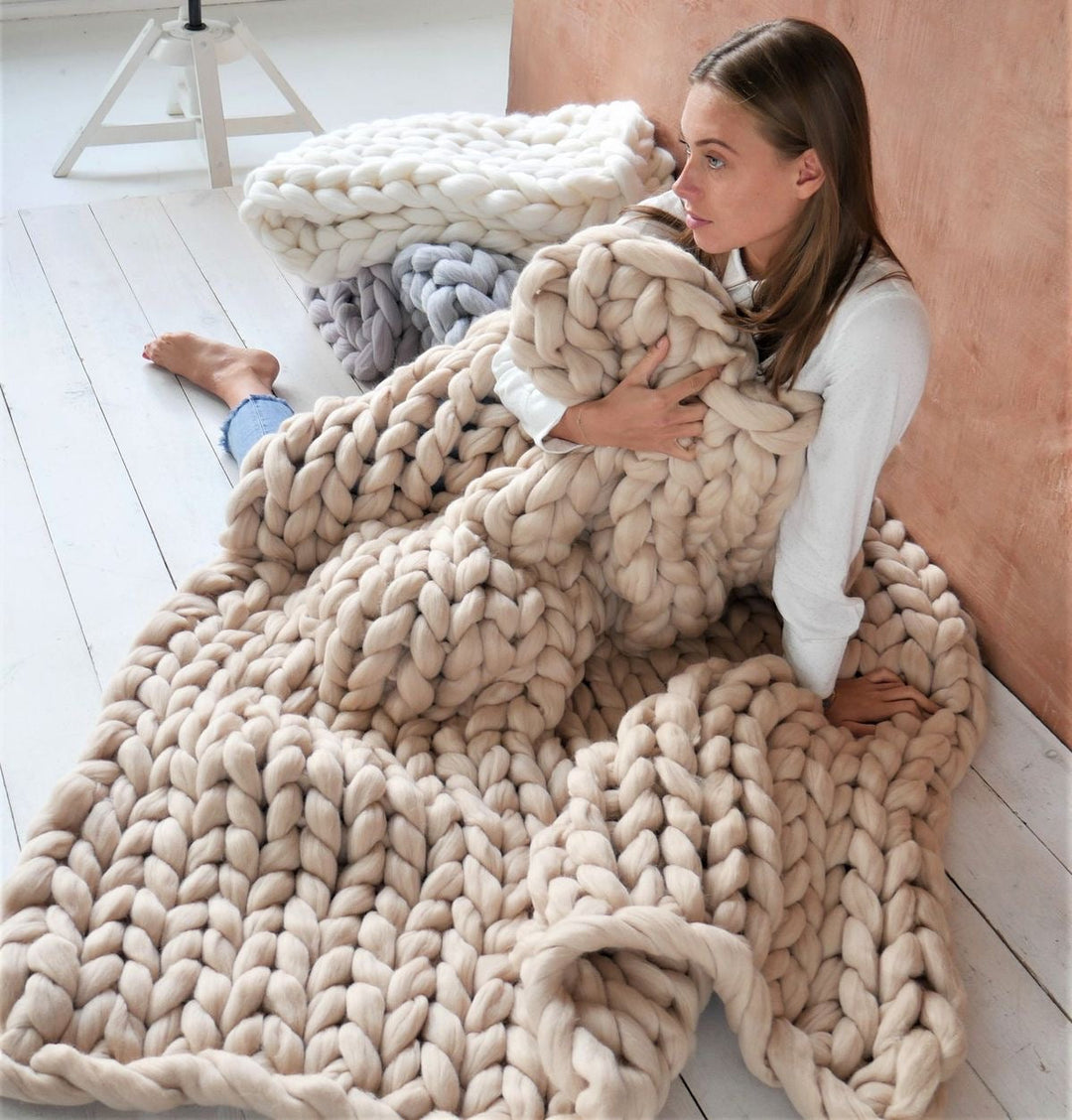 Merino Wool Knitted Blanket Throw Square Wool Throw Blanket