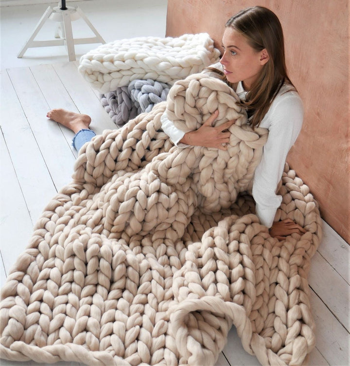 Merino Wool Knitted Blanket Throw Square Wool Throw Blanket