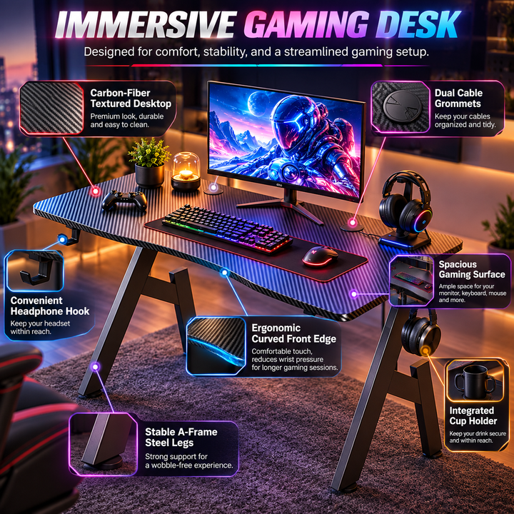 A Shaped Gaming Desk with Cup Holder and Headphone Hook Office Desk