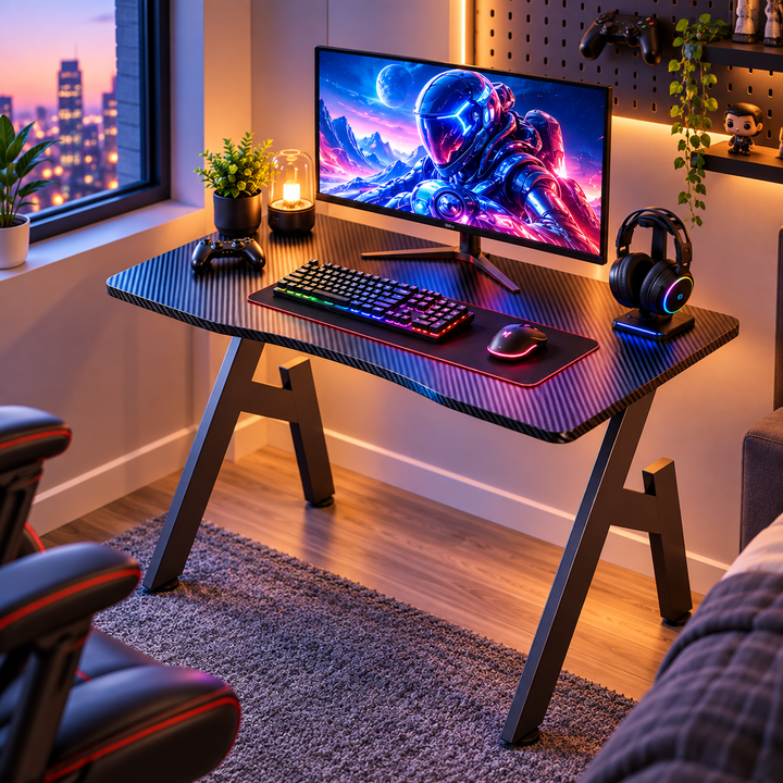 A Shaped Gaming Desk with Cup Holder and Headphone Hook Office Desk