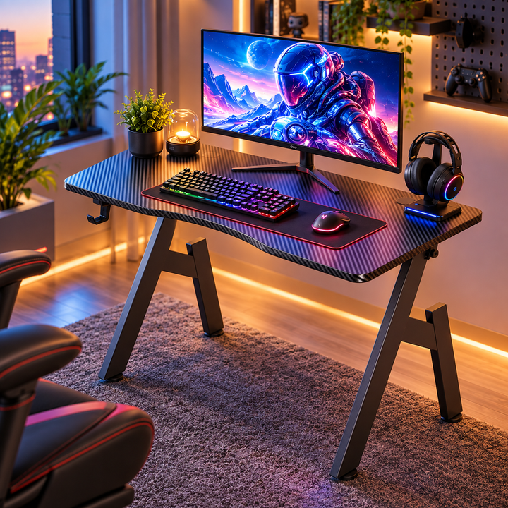 A Shaped Gaming Desk with Cup Holder and Headphone Hook Office Desk
