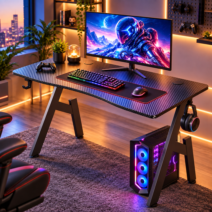 A Shaped Gaming Desk with Cup Holder and Headphone Hook Office Desk