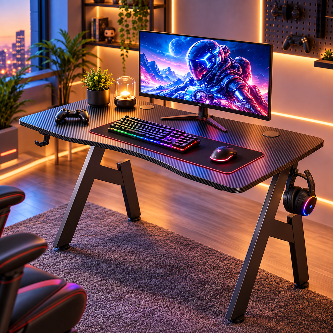 A Shaped Gaming Desk with Cup Holder and Headphone Hook Office Desk