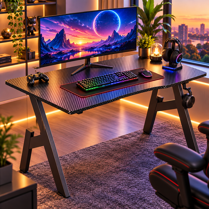A Shaped Gaming Desk with Cup Holder and Headphone Hook Office Desk