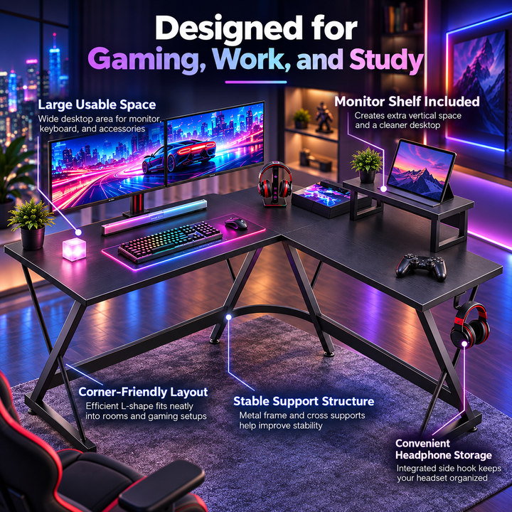 L Shaped Gaming Desk Corner Computer Desk with Monitor Stand