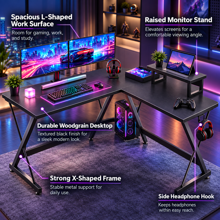 L Shaped Gaming Desk Corner Computer Desk with Monitor Stand