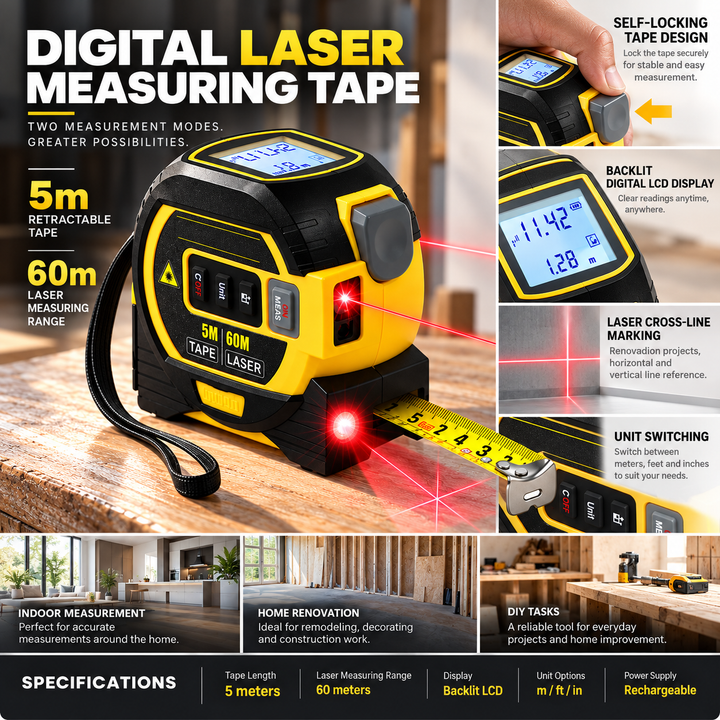 Laser Measuring Tape 3 in 1 Digital Distance Meter with Display