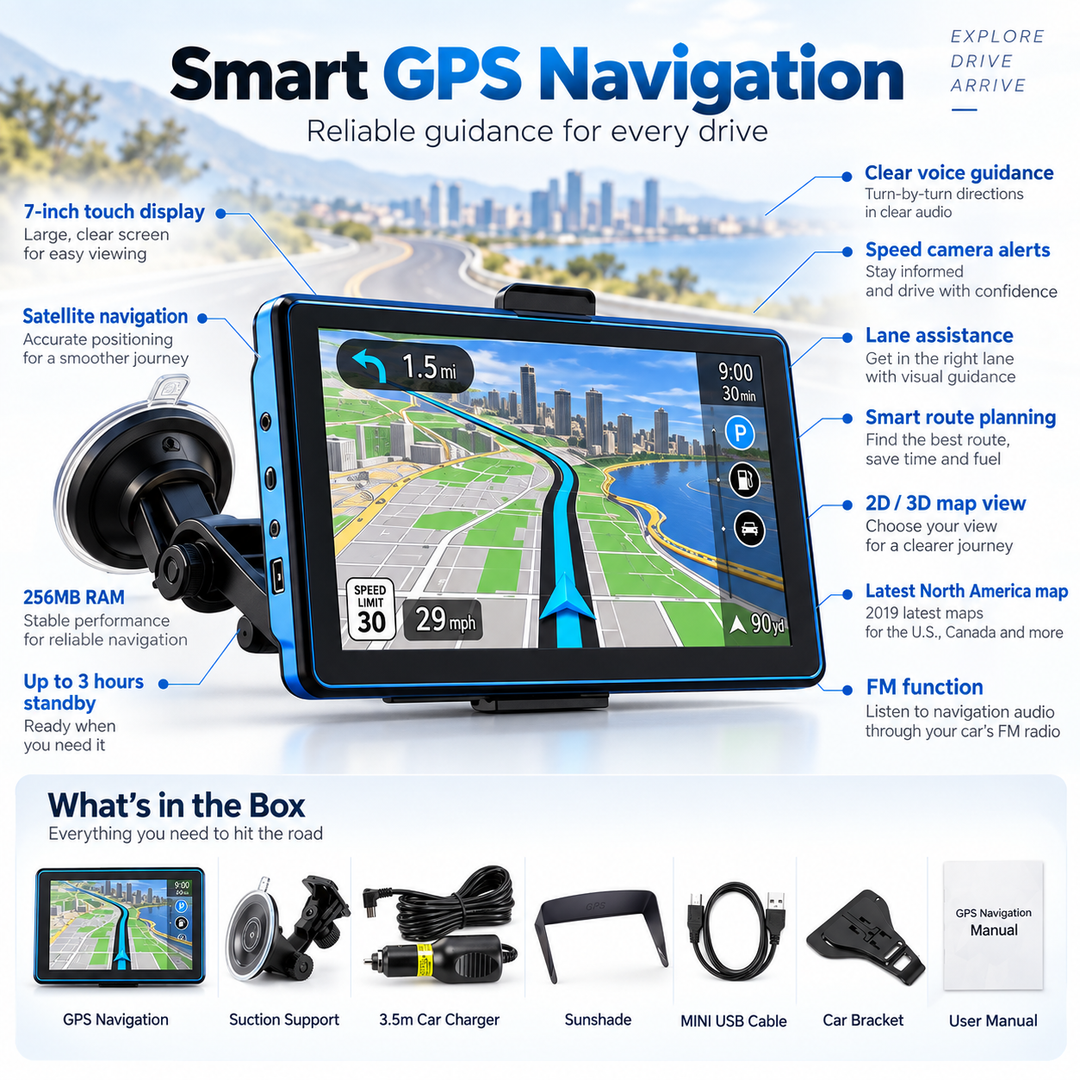 7 Inch GPS Sat Nav for Cars Trucks with UK EU Maps and Traffic