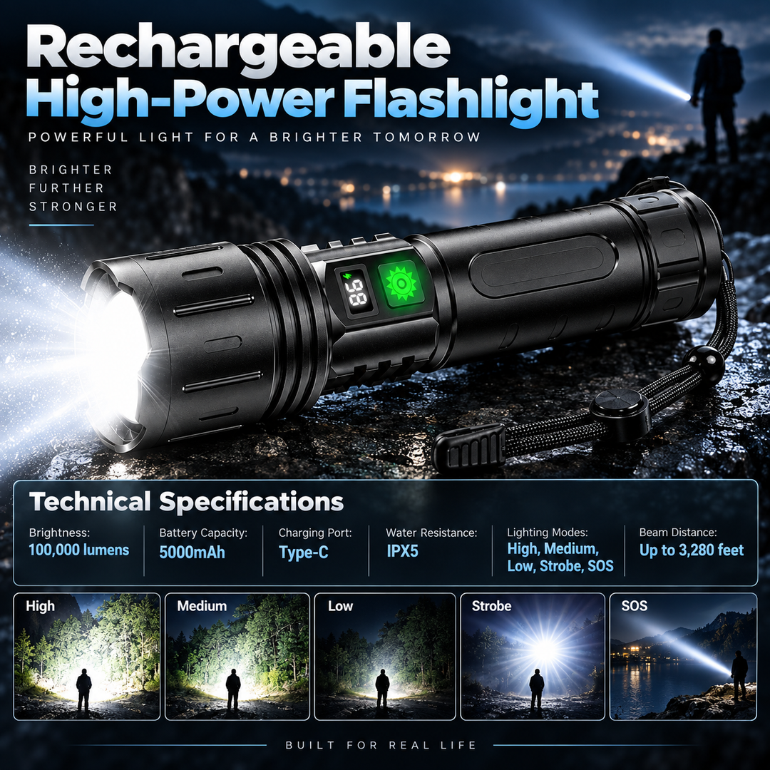100000 Lumen LED Flashlight Rechargeable Waterproof Torch