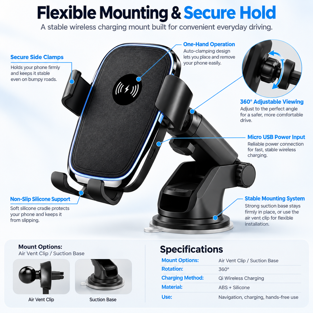 Wireless Car Charger Auto Clamping Fast Charging Phone Mount