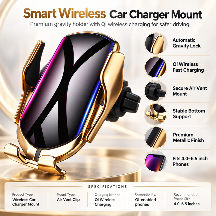Wireless Car Charger Auto Clamping Fast Charging Phone Mount