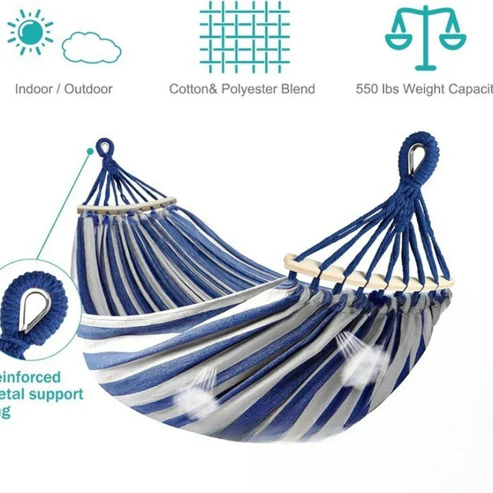 Double Canvas Hammock with Wooden Spreaders Swing Bed Anti-Roll