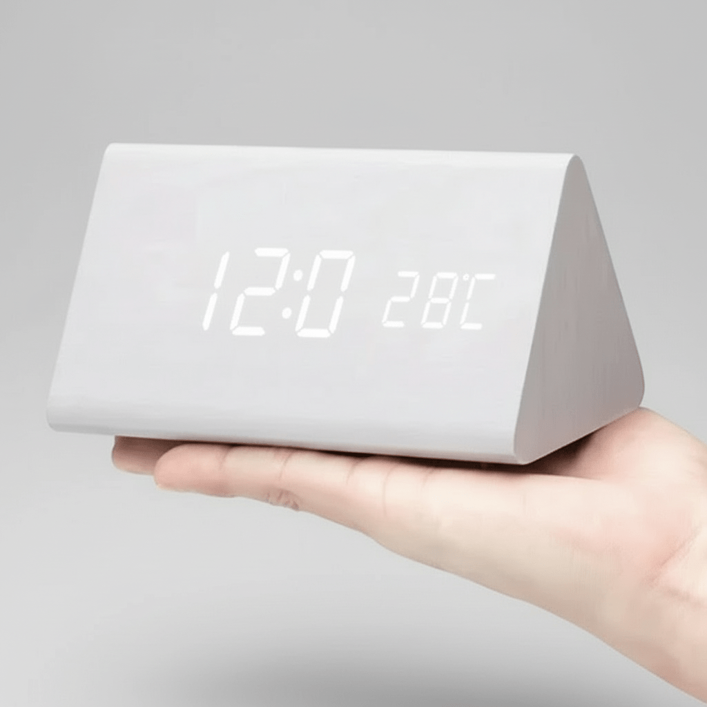 Wooden LED Digital Desk Clock Voice Control Adjustable Brightness