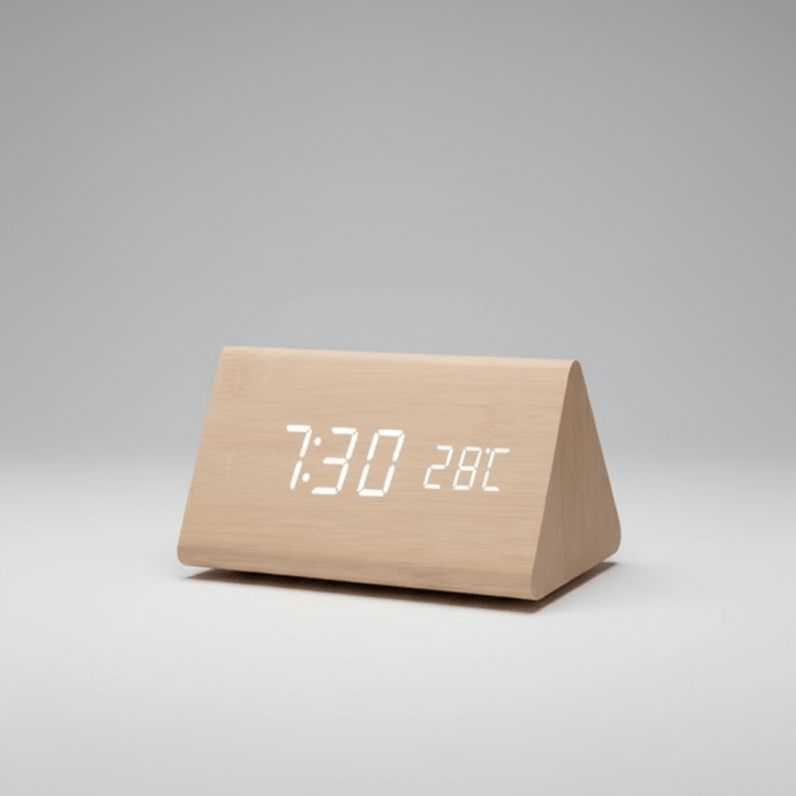 Wooden LED Digital Desk Clock Voice Control Adjustable Brightness