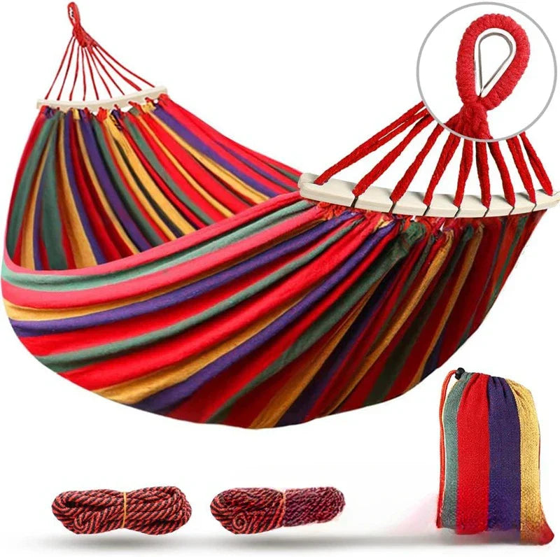 Double Canvas Hammock with Wooden Spreaders Swing Bed Anti-Roll