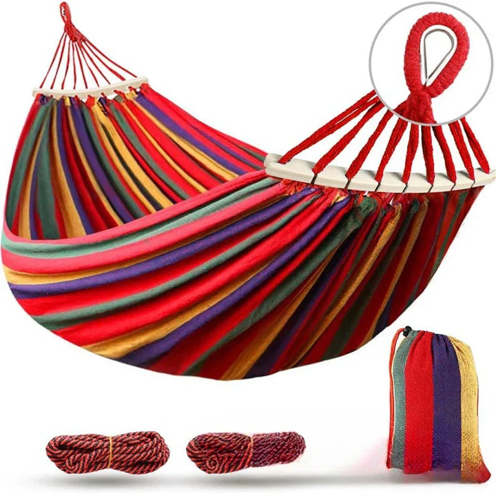 Double Canvas Hammock with Wooden Spreaders Swing Bed Anti-Roll