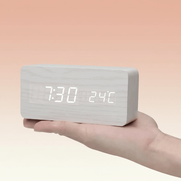 Wooden LED Digital Desk Clock Voice Control Adjustable Brightness