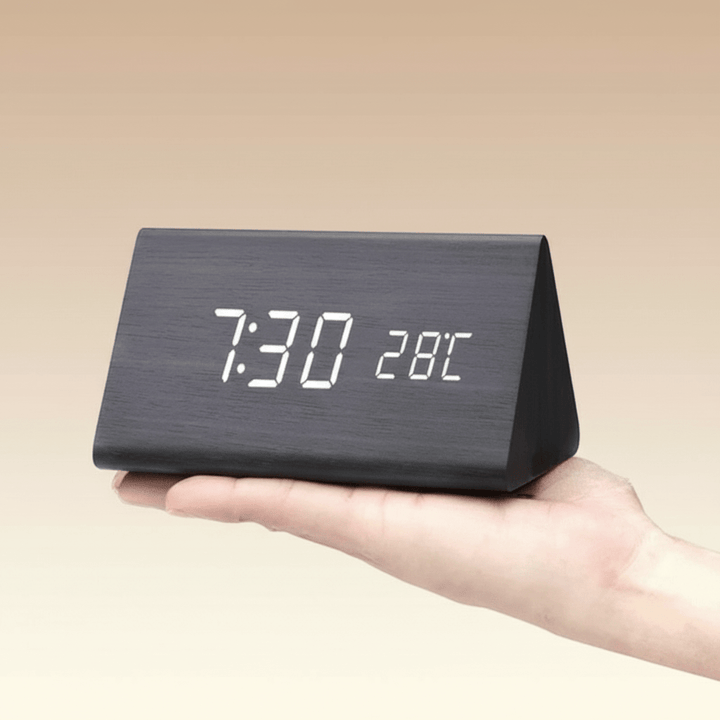 Wooden LED Digital Desk Clock Voice Control Adjustable Brightness