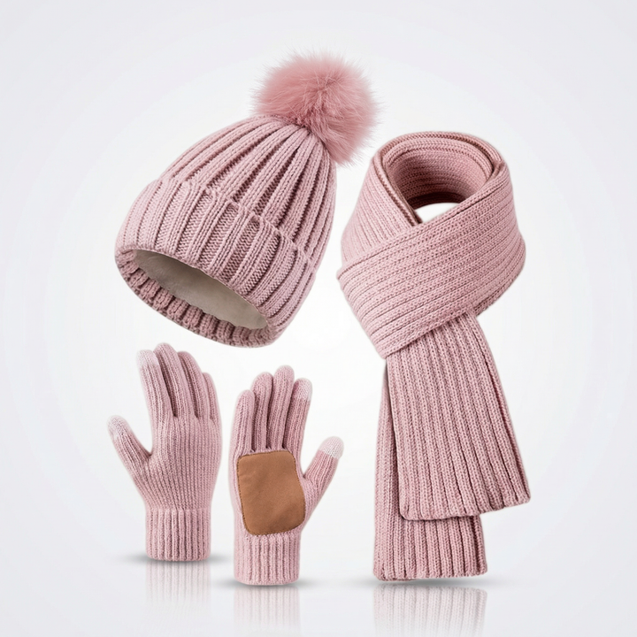 3 Piece Winter Knit Hat Scarf and Touchscreen Gloves Set