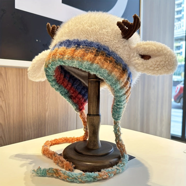 Women Knit Beanie Hat with Antlers Winter Knit Hat Accessory