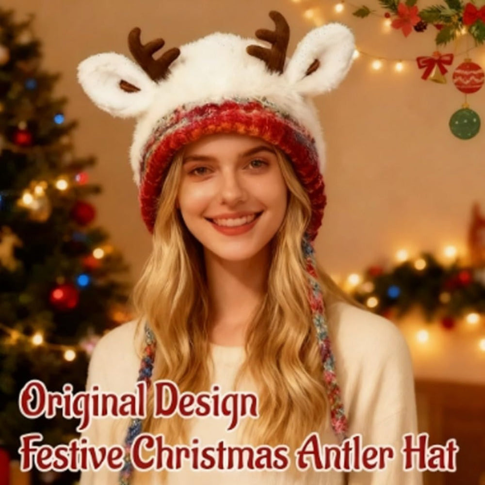 Women Knit Beanie Hat with Antlers Winter Knit Hat Accessory