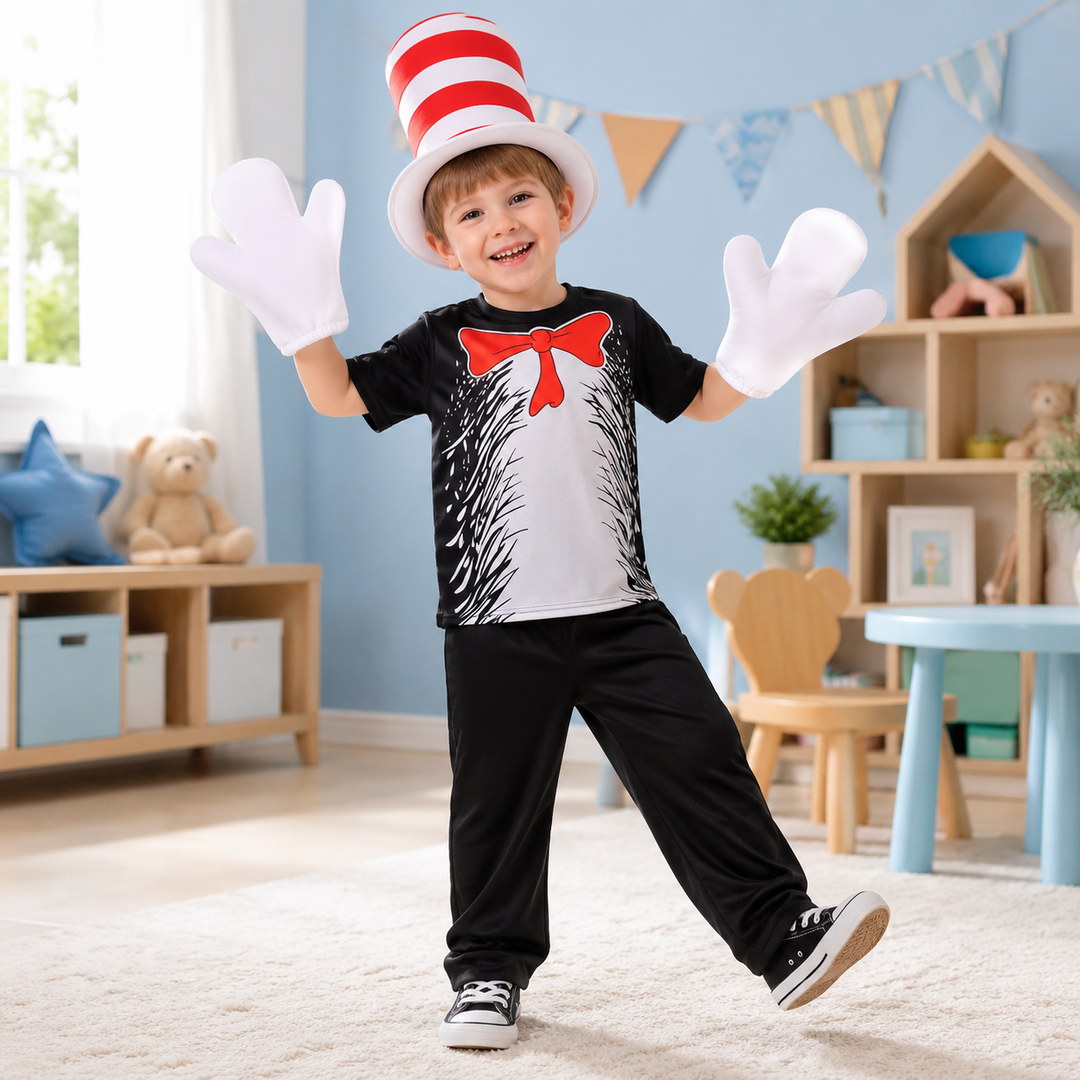 Kids Cat in the Hat Costume Jumpsuit Dress and Hat