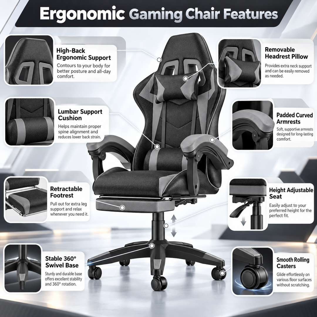 Ergonomic Gaming Chair with Footrest Lumbar Cushion Recliner